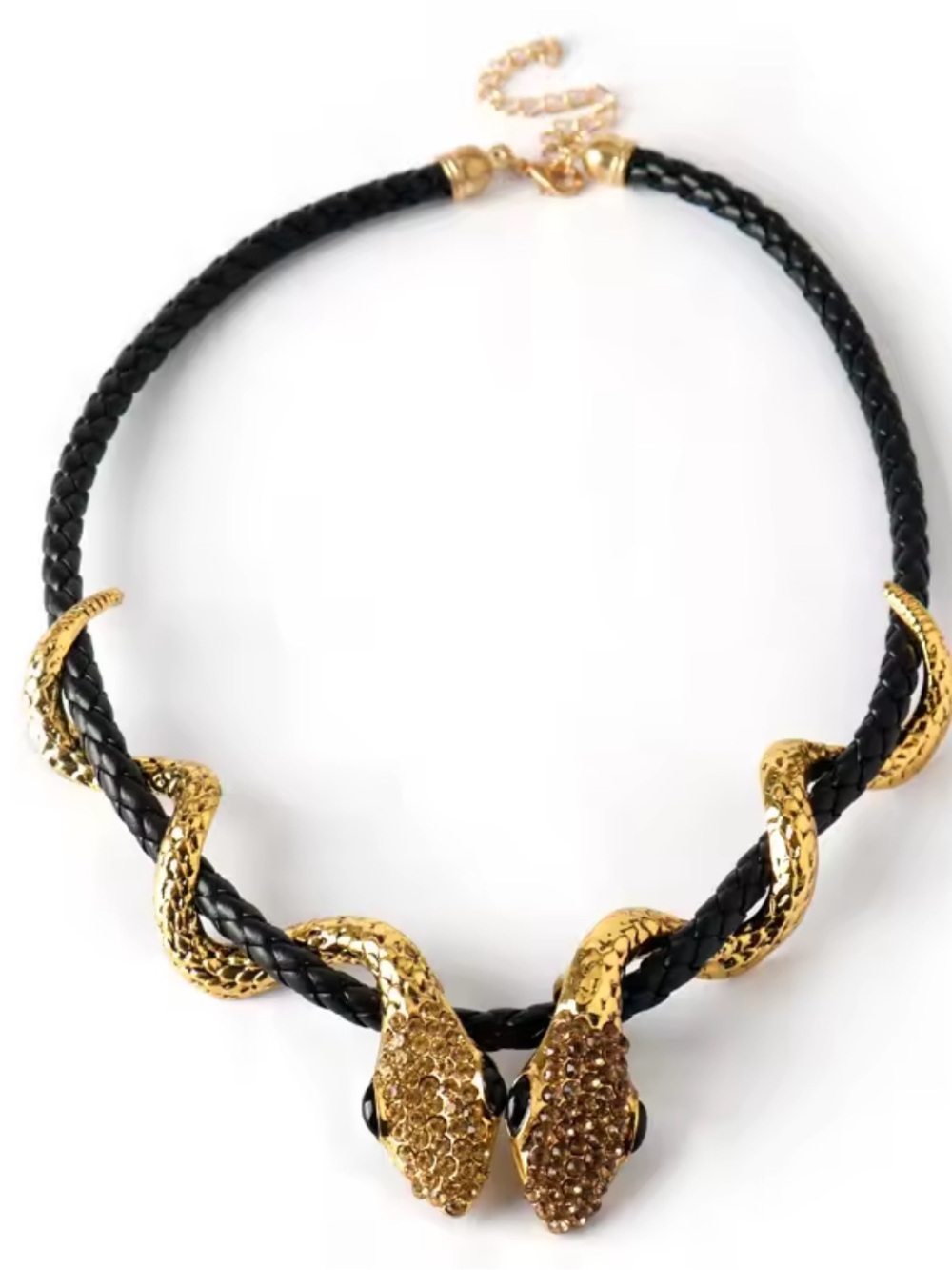Serpent serpentine Gold Snake Accent Black Braided Necklace by